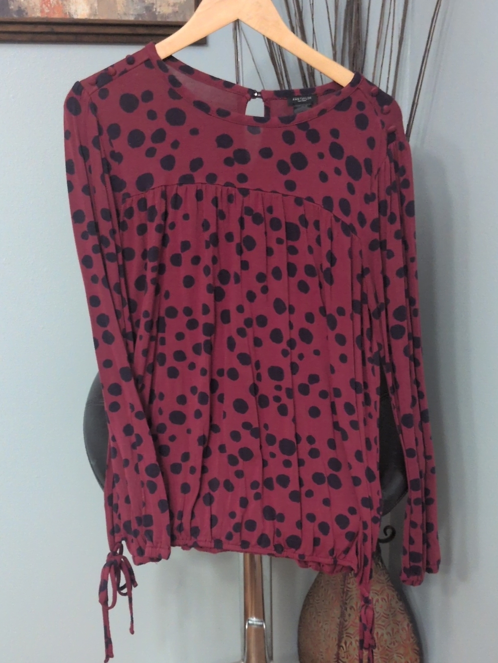 Ann Taylor Factory Burgundy Blouse with Navy Polka Dots